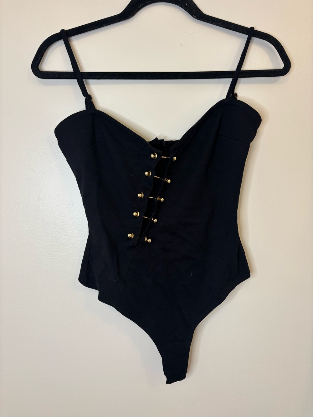 h:ours Black Corset-Style One-Piece Bodysuit with Gold Buttons